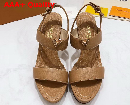 Louis Vuitton Essential V High Heel Platform Sandal in Tan Grain Leather Replica