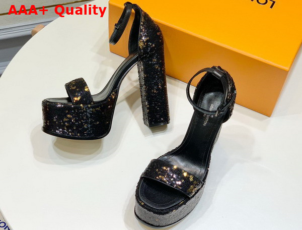 Louis Vuitton Fame Platform Sandal in Black and Gold Sequins Replica