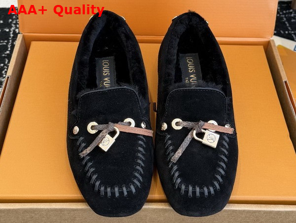 Louis Vuitton Flore Car Shoe in Black Suede Calf Leather and Shearling Lining Replica