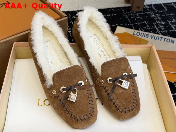 Louis Vuitton Flore Car Shoe in Cognac Brown Suede Calf Leather and Shearling Lining Replica