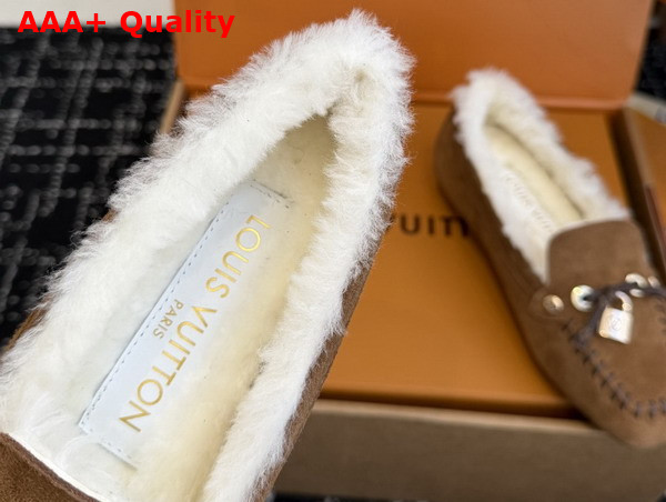 Louis Vuitton Flore Car Shoe in Cognac Brown Suede Calf Leather and Shearling Lining Replica