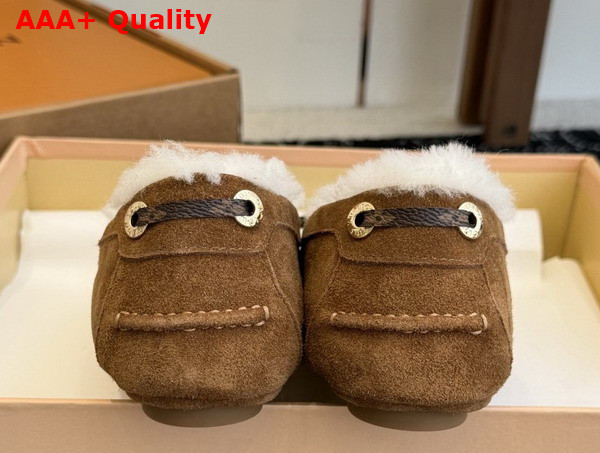 Louis Vuitton Flore Car Shoe in Cognac Brown Suede Calf Leather and Shearling Lining Replica