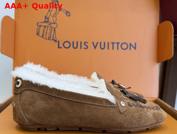 Louis Vuitton Flore Car Shoe in Cognac Brown Suede Calf Leather and Shearling Lining Replica