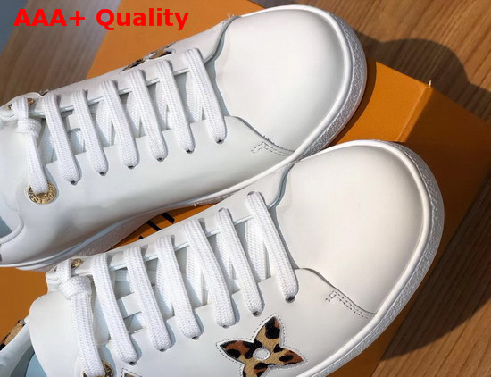 Louis Vuitton Frontrow Sneaker in White Calf Leather Decorated with Giant Monogram Flower Patches with a Bold Leopard Print 1A5NQ4 Replica