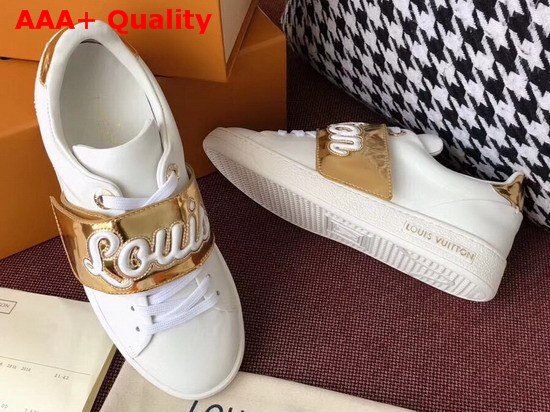 Louis Vuitton Frontrow Trainer in White with Gold Louis Vuitton Signature Strap 1A3T9G Replica