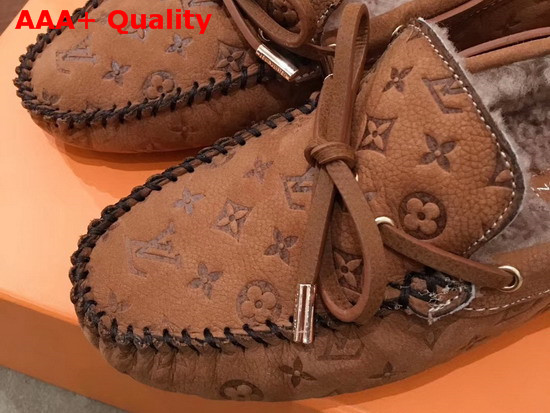 Louis Vuitton Gloria Flat Loafer in Brown Monogram Embossed Calf Leather with Shearling Sheepskin Lining Replica