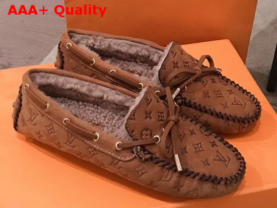 Louis Vuitton Gloria Flat Loafer in Brown Monogram Embossed Calf Leather with Shearling Sheepskin Lining Replica