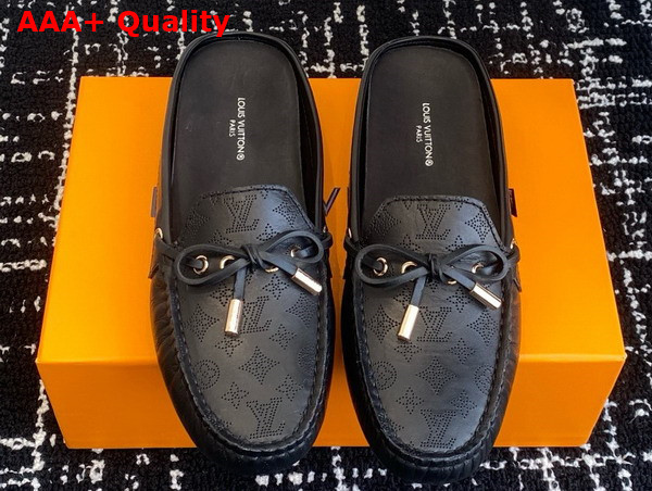Louis Vuitton Gloria Open Back Flat Loafer in Black Perforated Grained Calf Leather Replica