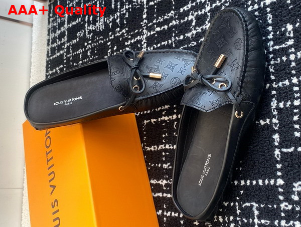 Louis Vuitton Gloria Open Back Flat Loafer in Black Perforated Grained Calf Leather Replica