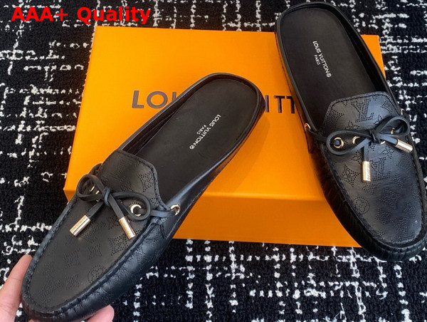 Louis Vuitton Gloria Open Back Flat Loafer in Black Perforated Grained Calf Leather Replica