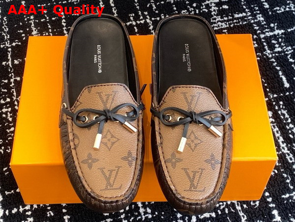 Louis Vuitton Gloria Open Back Flat Loafer in Cocao Brown Patent Monogram and Monogram Reverse Canvas Replica