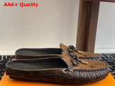 Louis Vuitton Gloria Open Back Flat Loafer in Cocao Brown Patent Monogram and Monogram Reverse Canvas Replica