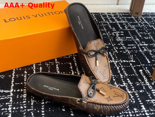 Louis Vuitton Gloria Open Back Flat Loafer in Cocao Brown Patent Monogram and Monogram Reverse Canvas Replica