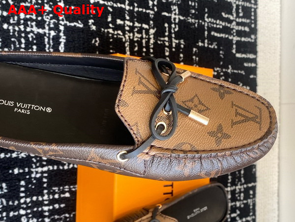 Louis Vuitton Gloria Open Back Flat Loafer in Cocao Brown Patent Monogram and Monogram Reverse Canvas Replica