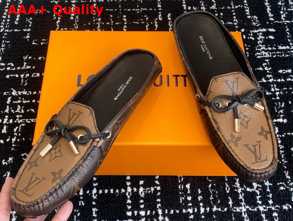 Louis Vuitton Gloria Open Back Flat Loafer in Cocao Brown Patent Monogram and Monogram Reverse Canvas Replica
