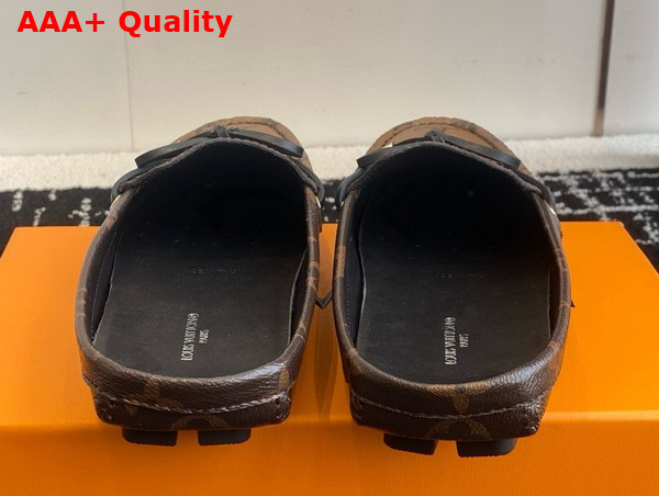 Louis Vuitton Gloria Open Back Flat Loafer in Cocao Brown Patent Monogram and Monogram Reverse Canvas Replica