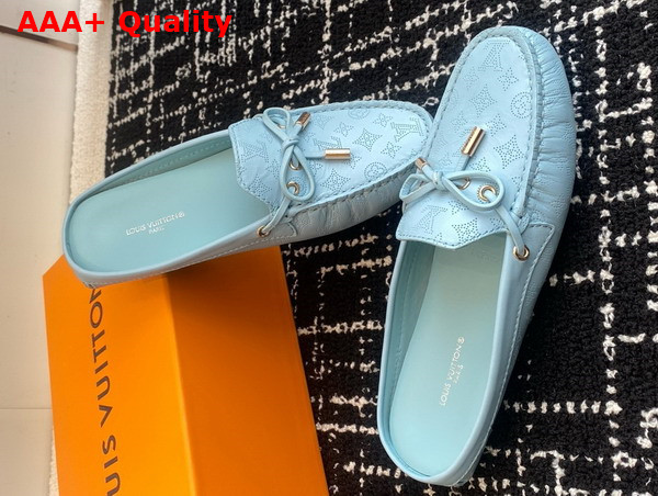 Louis Vuitton Gloria Open Back Flat Loafer in Light Blue Perforated Grained Calf Leather 1ACMJ7 Replica