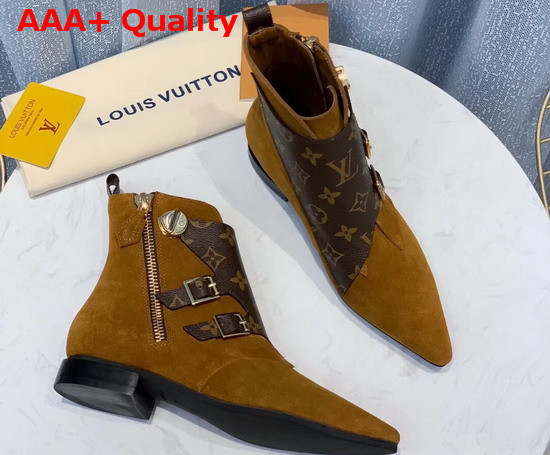Louis Vuitton Jumble Flat Ankle Boot in Cognac Brown Suede Calf Leather and Patent Monogram Canvas 1A5MKW Replica