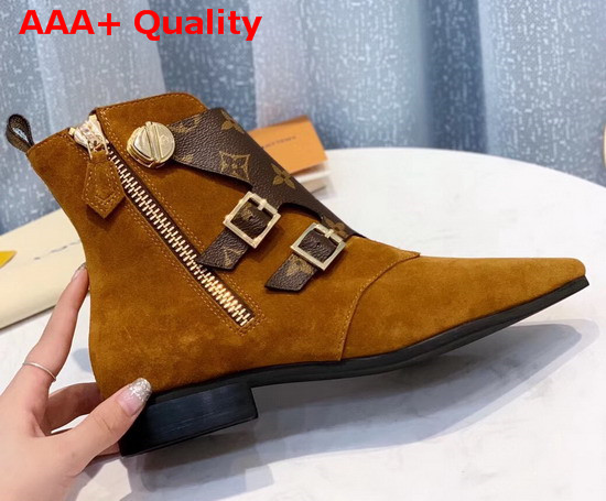 Louis Vuitton Jumble Flat Ankle Boot in Cognac Brown Suede Calf Leather and Patent Monogram Canvas 1A5MKW Replica