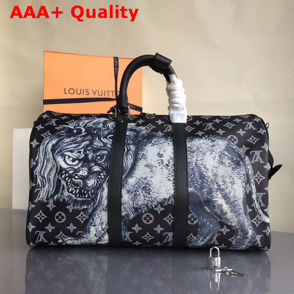Louis Vuitton Keepall Bandouliere 45 Monogram Savane Canvas with a Whimsical Lion Print Replica