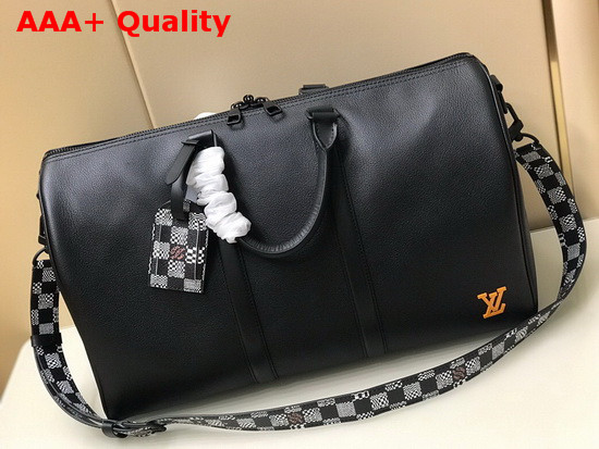 Louis Vuitton Keepall Bandouliere 45 in Black Grained Calfskin with Damier Print Shoulder Strap Replica