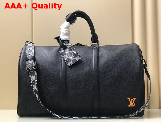 Louis Vuitton Keepall Bandouliere 45 in Black Grained Calfskin with Damier Print Shoulder Strap Replica