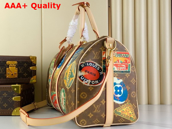 Louis Vuitton Keepall Bandouliere 45 in Monogram Coated Canvas Adorned with Louis Vuitton Travel stickers M24960 Replica