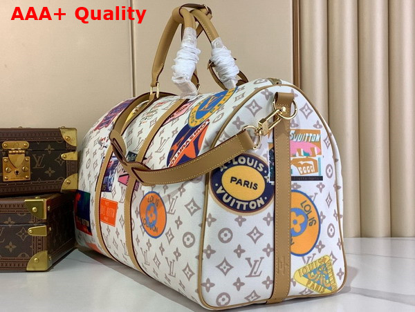 Louis Vuitton Keepall Bandouliere 45 in Monogram Dune Coated Canvas with a Print of Louis Vuitton Vintage Style Travel Stickers M14736 Replica