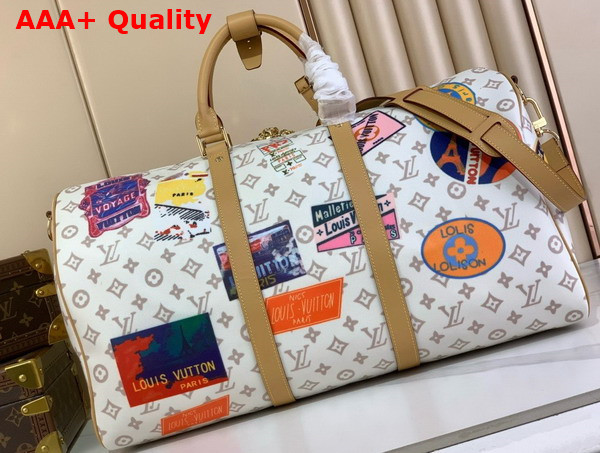 Louis Vuitton Keepall Bandouliere 45 in Monogram Dune Coated Canvas with a Print of Louis Vuitton Vintage Style Travel Stickers M14736 Replica