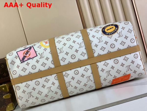 Louis Vuitton Keepall Bandouliere 45 in Monogram Dune Coated Canvas with a Print of Louis Vuitton Vintage Style Travel Stickers M14736 Replica