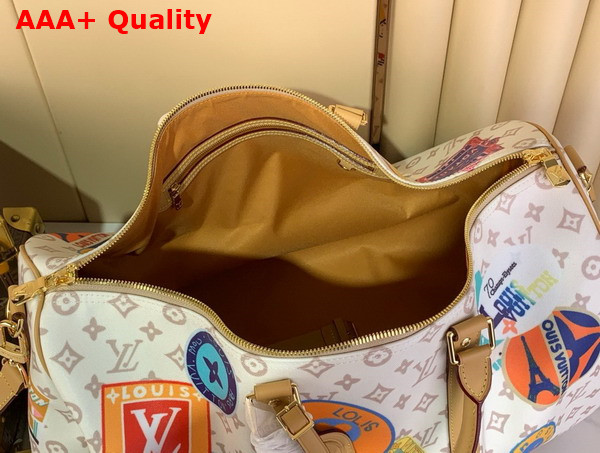 Louis Vuitton Keepall Bandouliere 45 in Monogram Dune Coated Canvas with a Print of Louis Vuitton Vintage Style Travel Stickers M14736 Replica