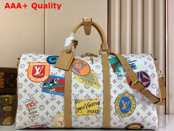 Louis Vuitton Keepall Bandouliere 45 in Monogram Dune Coated Canvas with a Print of Louis Vuitton Vintage Style Travel Stickers M14736 Replica