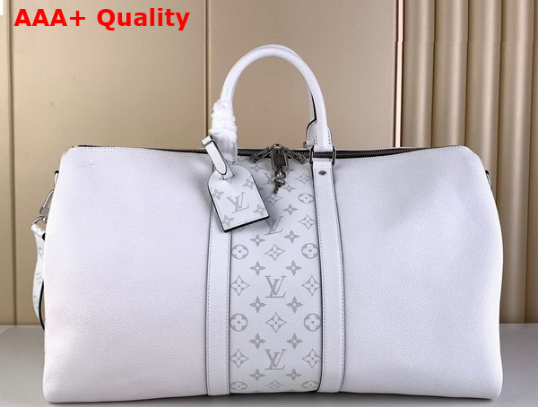 Louis Vuitton Keepall Bandouliere 50 Bag in Optic White Monogram Coated Canvas and Taiga Cowhide Leather M30885 Replica