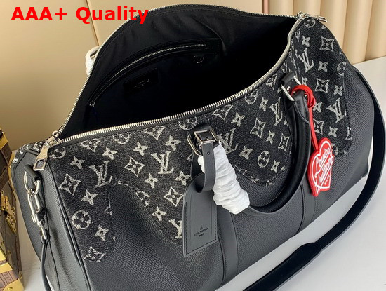 Louis Vuitton Keepall Bandouliere 50 Black Monogram Denim Taurillon Leather Inspired Update by the Japanese Streetwear Designer Nigo Replica