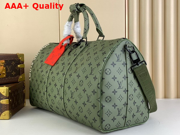 Louis Vuitton Keepall Bandouliere 50 Khaki Green and Vermillion Red Monogram Canvas Replica