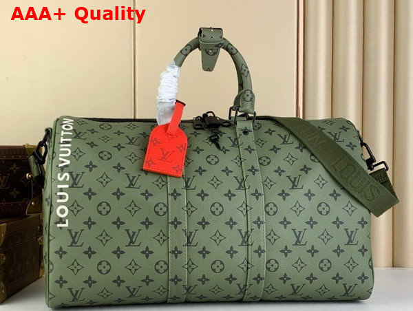 Louis Vuitton Keepall Bandouliere 50 Khaki Green and Vermillion Red Monogram Canvas Replica