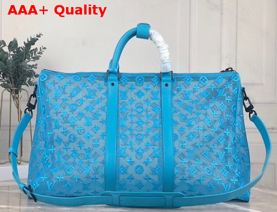 Louis Vuitton Keepall Bandouliere 50 Light Blue Monogram Embroidered Mesh Replica