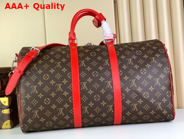 Louis Vuitton Keepall Bandouliere 50 Travel Bag in Monogram Macassar Coated Canvas and Red Cowhide Leather Trim M46769 Replica