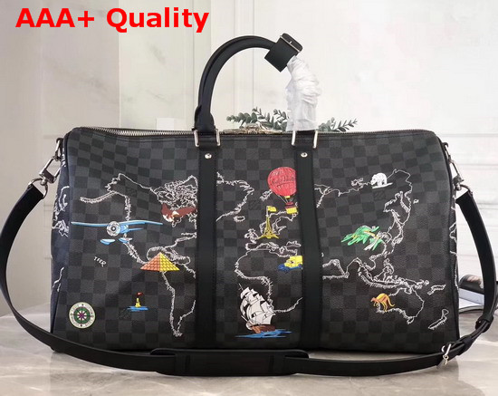 Louis Vuitton Keepall Bandouliere 50 in Damier Graphite Coated Canvas Decorated with World Map Print N40251 Replica
