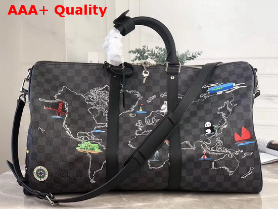 Louis Vuitton Keepall Bandouliere 50 in Damier Graphite Coated Canvas Decorated with World Map Print N40251 Replica