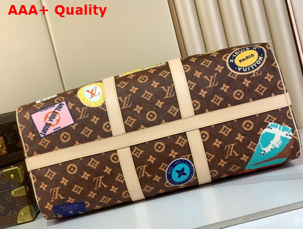 Louis Vuitton Keepall Bandouliere 50 in Monogram Canvas with a Print of Louis Vuitton Travel Stickers M15042 Replica