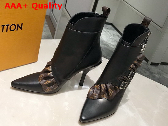 Louis Vuitton LV Janet Ankle Boot Black Calf Leather and Patent Monogram Canvas Ruffle 1A586E Replica