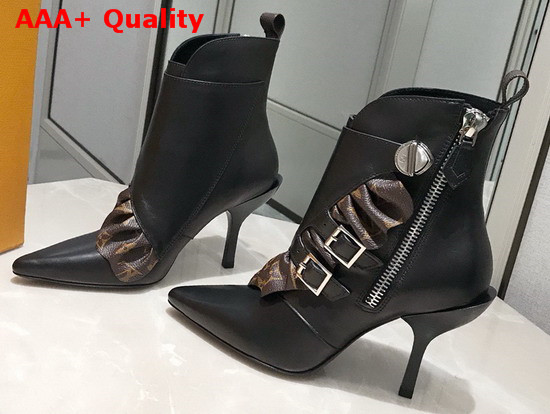 Louis Vuitton LV Janet Ankle Boot Black Calf Leather and Patent Monogram Canvas Ruffle 1A586E Replica