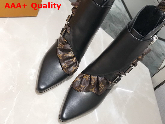 Louis Vuitton LV Janet Ankle Boot Black Calf Leather and Patent Monogram Canvas Ruffle 1A586E Replica