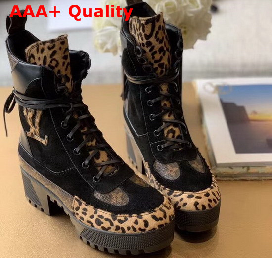 Louis Vuitton Laureate Platform Desert Boot in Black Suede Calf Leather and Pony Styled Calf Leather with a Bold Leopard Print 1A5NNX Replica