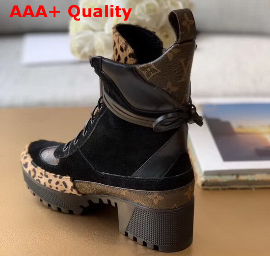 Louis Vuitton Laureate Platform Desert Boot in Black Suede Calf Leather and Pony Styled Calf Leather with a Bold Leopard Print 1A5NNX Replica