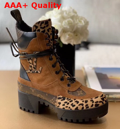 Louis Vuitton Laureate Platform Desert Boot in Cognac Brown Suede Calf Leather and Pony Styled Calf Leather with a Bold Leopard Print 1A5NOD Replica