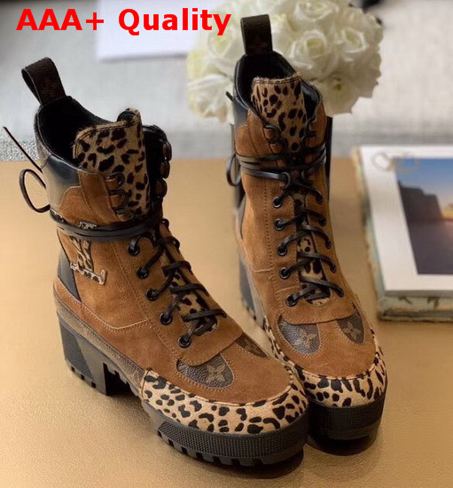 Louis Vuitton Laureate Platform Desert Boot in Cognac Brown Suede Calf Leather and Pony Styled Calf Leather with a Bold Leopard Print 1A5NOD Replica