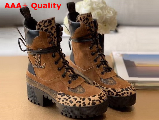 Louis Vuitton Laureate Platform Desert Boot in Cognac Brown Suede Calf Leather and Pony Styled Calf Leather with a Bold Leopard Print 1A5NOD Replica