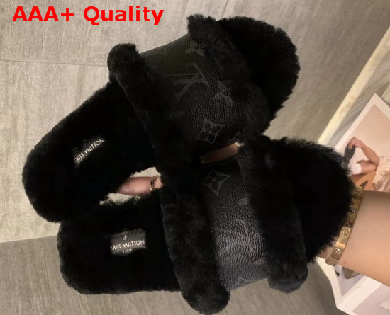 Louis Vuitton Lock It Flat Mule Black Mink Fur and Monogram Eclipse Canvas Replica
